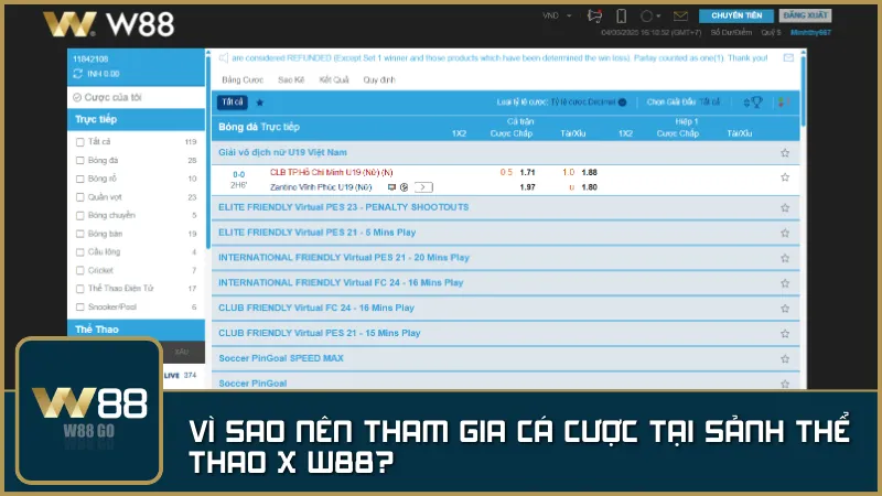 Trải nghiệm cá cược đỉnh cao tại X Thể Thao W88 – Giao diện mượt mà, kèo cược đa dạng và tỷ lệ hấp dẫn!