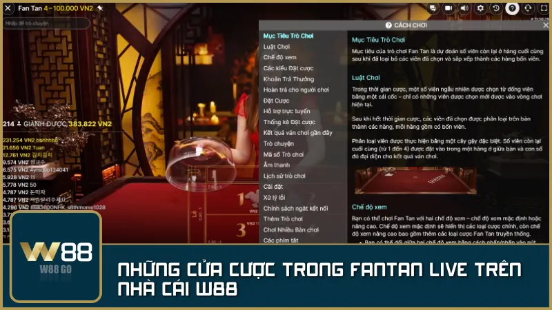 Những cửa cược trong FanTan Live trên nhà cái W88